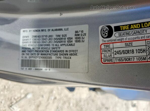 5FPYK2F52KB003585 2019 HONDA RIDGELINE Silver VIN կոդի պիտակի տեսք