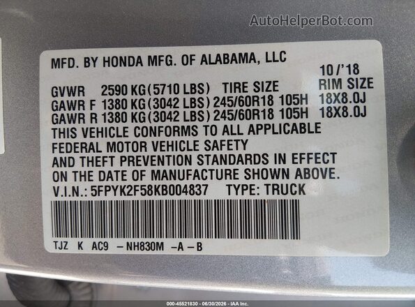 5FPYK2F58KB004837 2019 HONDA RIDGELINE Silver Շարժիչի բաժամունքի տեսք
