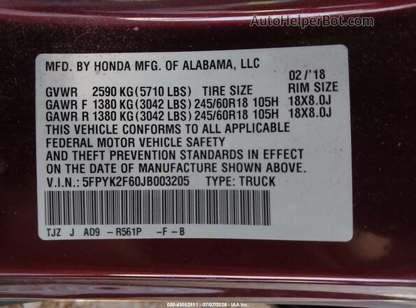 5FPYK2F60JB003205 2018 HONDA RIDGELINE Champagne Շարժիչի բաժամունքի տեսք