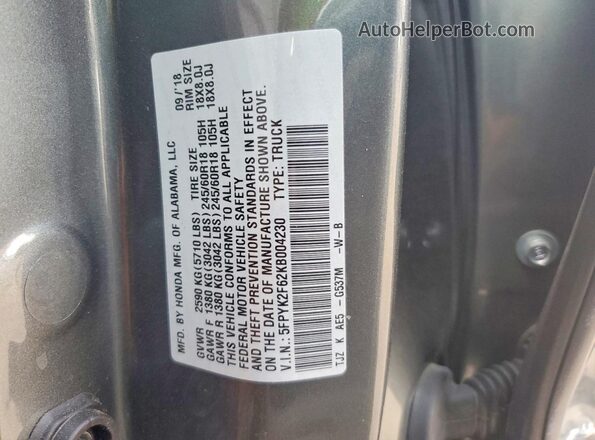 5FPYK2F62KB004230 2019 HONDA RIDGELINE Silver Շարժիչի բաժամունքի տեսք