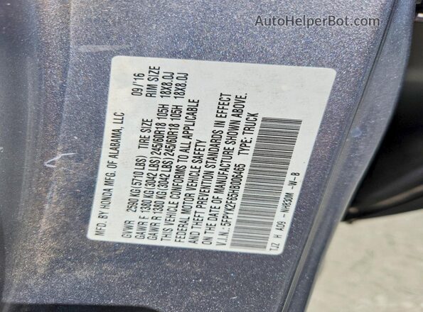 5FPYK2F65HB006465 2017 HONDA RIDGELINE Серебряный Вид наклейки с VIN-кодом