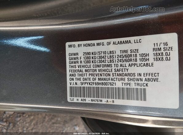 5FPYK2F69HB007621 2017 HONDA RIDGELINE Gray ძრავის განყოფილების ხედი