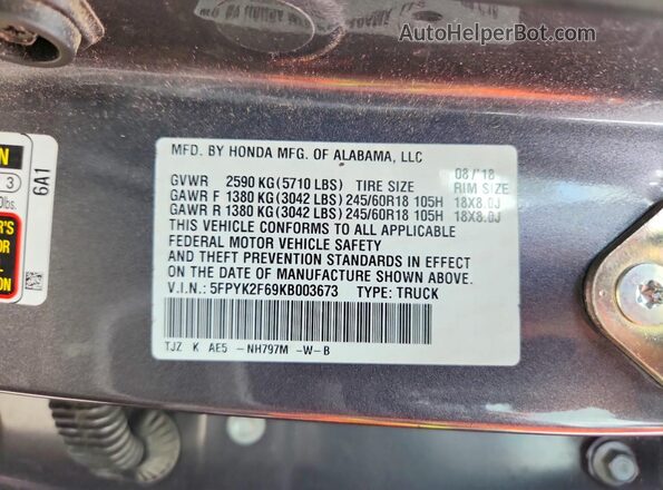 5FPYK2F69KB003673 2019 HONDA RIDGELINE Gray Vista del compartimento del motor