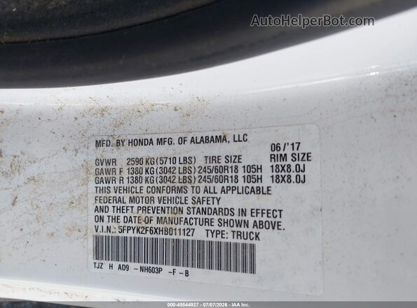 5FPYK2F6XHB011127 2017 HONDA RIDGELINE White Շարժիչի բաժամունքի տեսք
