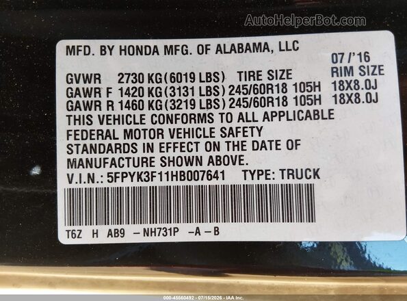 5FPYK3F11HB007641 2017 HONDA RIDGELINE Black ძრავის განყოფილების ხედი