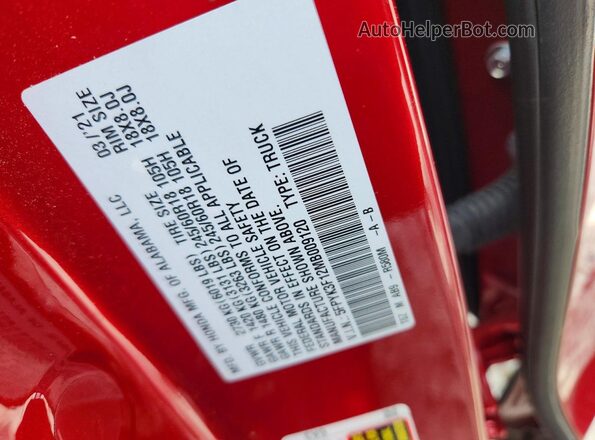 5FPYK3F12MB009120 2021 HONDA RIDGELINE Red Вид наклейки з VIN-кодом