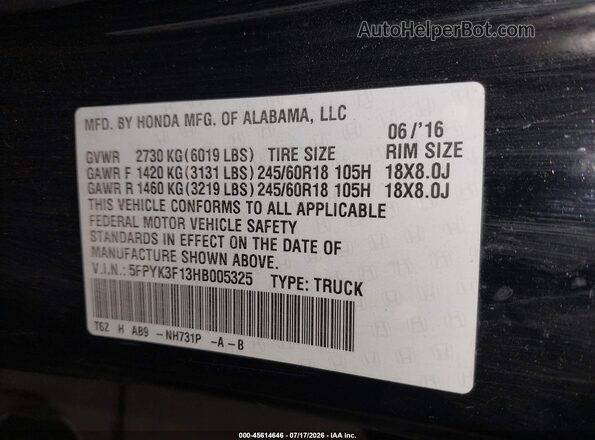 5FPYK3F13HB005325 2017 HONDA RIDGELINE Black Engine compartment view