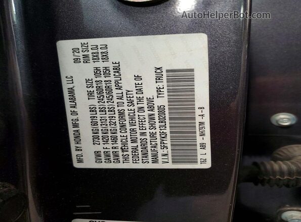 5FPYK3F13LB020805 2020 HONDA RIDGELINE Gray Vista de la etiqueta del VIN