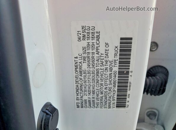 5FPYK3F14MB014450 2021 HONDA RIDGELINE White Շարժիչի բաժամունքի տեսք