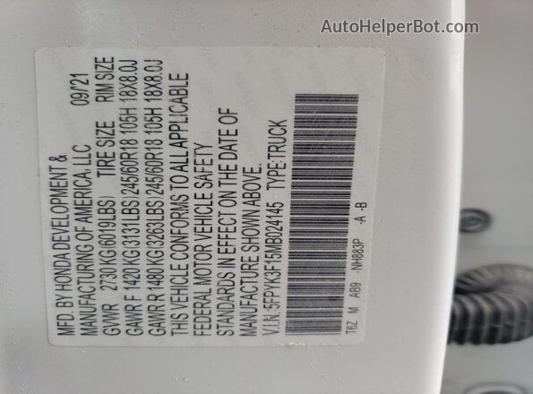 5FPYK3F15MB024145 2021 HONDA RIDGELINE White Вид підкапотного простору