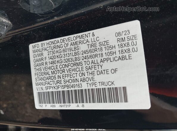 5FPYK3F15PB049163 2023 HONDA RIDGELINE Black Вид підкапотного простору