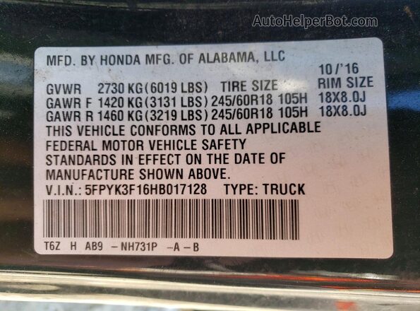5FPYK3F16HB017128 2017 HONDA RIDGELINE Black Vista del compartimento del motor
