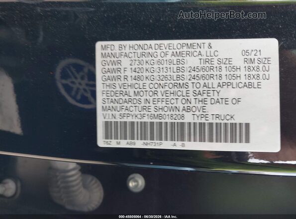 5FPYK3F16MB018208 2021 HONDA RIDGELINE Черный Вид подкапотного пространства