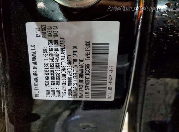5FPYK3F17LB030575 2020 HONDA RIDGELINE Black VIN sticker view