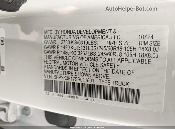 5FPYK3F17SB011801 2025 HONDA RIDGELINE White Engine compartment view