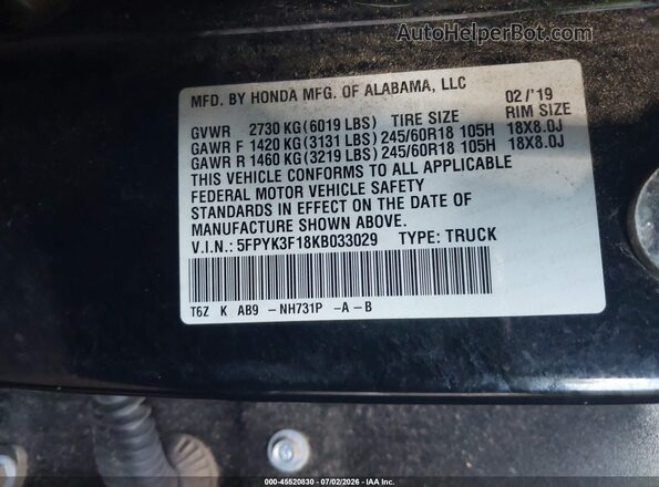 5FPYK3F18KB033029 2019 HONDA RIDGELINE Black Вид підкапотного простору