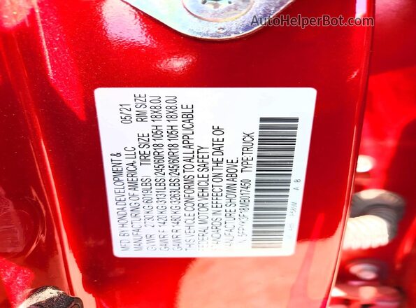 5FPYK3F18MB017450 2021 HONDA RIDGELINE Red Engine compartment view