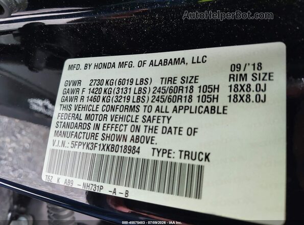 5FPYK3F1XKB018984 2019 HONDA RIDGELINE Black Engine compartment view