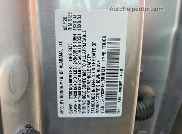 5FPYK3F1XLB018131 2020 HONDA RIDGELINE Silver Widok komory silnika
