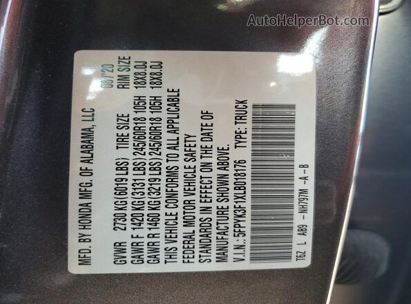5FPYK3F1XLB018176 2020 HONDA RIDGELINE Gray Вид наклейки з VIN-кодом