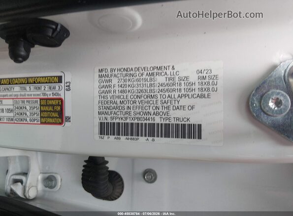 5FPYK3F1XPB034416 2023 HONDA RIDGELINE White ძრავის განყოფილების ხედი