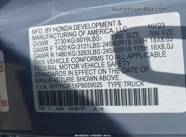 5FPYK3F1XPB059025 2023 HONDA RIDGELINE Gray Շարժիչի բաժամունքի տեսք