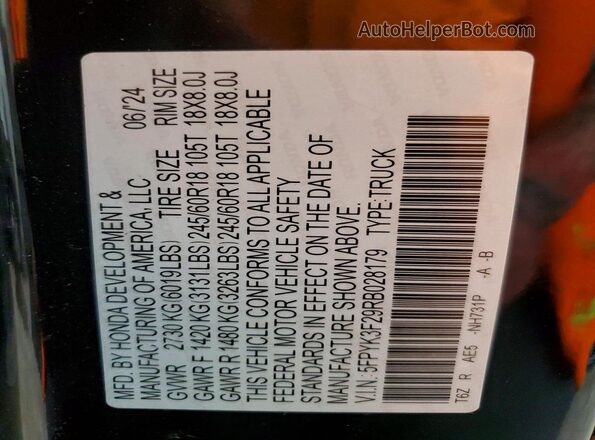 5FPYK3F29RB028179 2024 HONDA RIDGELINE Black Vista de la etiqueta del VIN