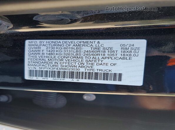 5FPYK3F43RB023030 2024 HONDA RIDGELINE Black Շարժիչի բաժամունքի տեսք