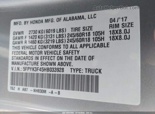 5FPYK3F45HB033928 2017 HONDA RIDGELINE Silver Vista del compartimento del motor