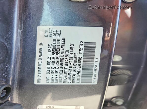 5FPYK3F50KB047445 2019 HONDA RIDGELINE Серый Вид наклейки с VIN-кодом