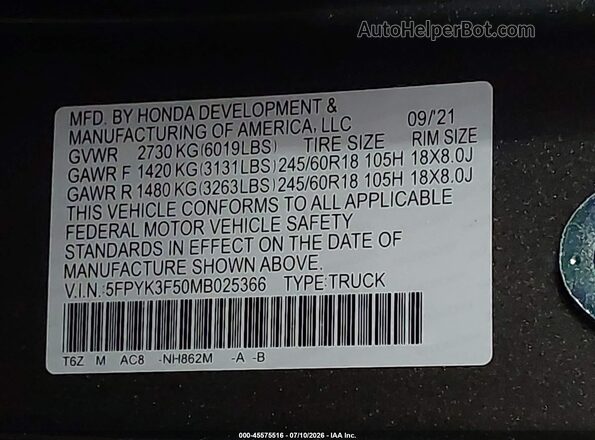 5FPYK3F50MB025366 2021 HONDA RIDGELINE Коричневый Вид подкапотного пространства