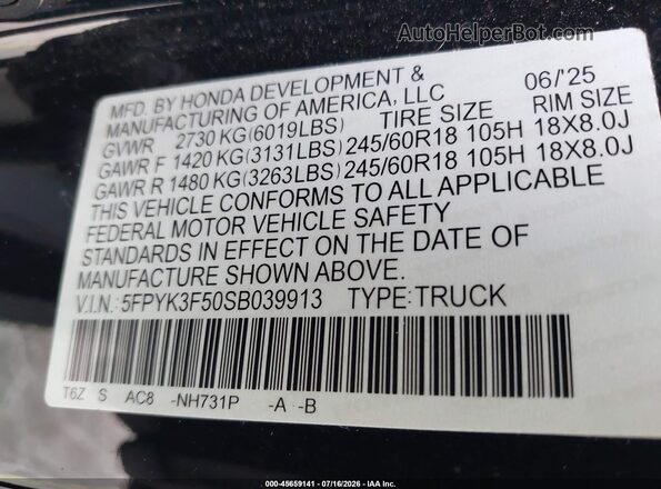 5FPYK3F50SB039913 2025 HONDA RIDGELINE Black Շարժիչի բաժամունքի տեսք