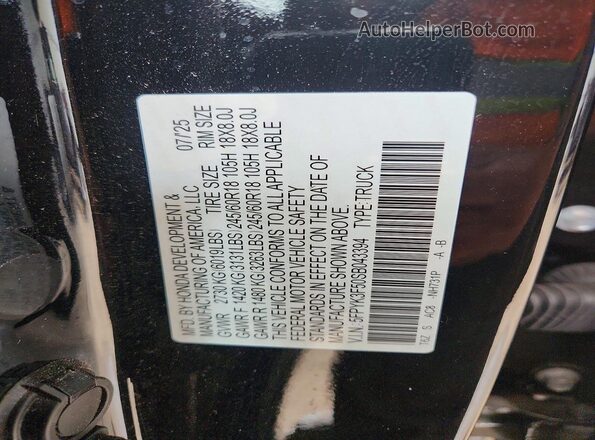 5FPYK3F50SB043394 2025 HONDA RIDGELINE Black Widok naklejki z numerem VIN