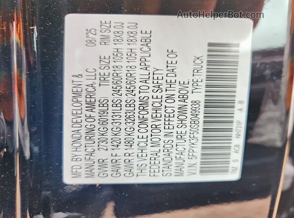 5FPYK3F50SB049938 2025 HONDA RIDGELINE Black Вид підкапотного простору