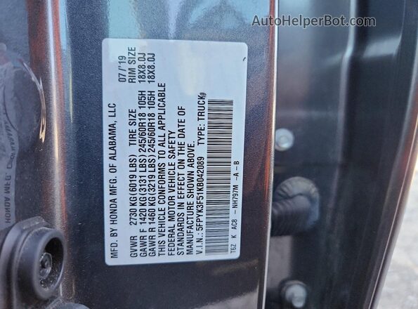 5FPYK3F51KB042089 2019 HONDA RIDGELINE Серый Вид подкапотного пространства