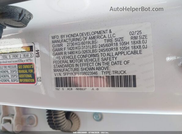 5FPYK3F51SB023946 2025 HONDA RIDGELINE White Вид підкапотного простору