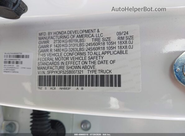 5FPYK3F52SB007321 2025 HONDA RIDGELINE White Widok komory silnika