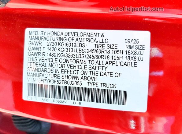 5FPYK3F52TB002055 2026 HONDA RIDGELINE Red VIN կոդի պիտակի տեսք