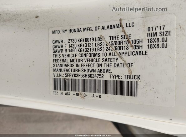 5FPYK3F53HB024752 2017 HONDA RIDGELINE White Vista del compartimento del motor