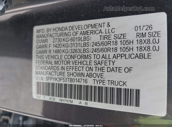 5FPYK3F53TB014716 2026 HONDA RIDGELINE Gray Engine compartment view