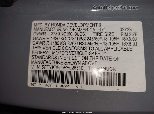 5FPYK3F55PB026310 2023 HONDA RIDGELINE Gray Շարժիչի բաժամունքի տեսք