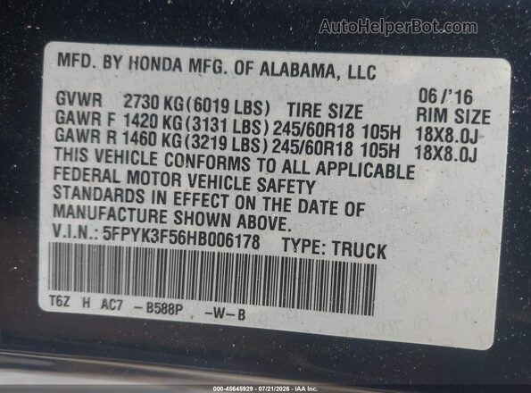 5FPYK3F56HB006178 2017 HONDA RIDGELINE Blue Շարժիչի բաժամունքի տեսք
