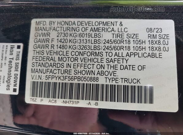5FPYK3F56PB050888 2023 HONDA RIDGELINE Black Engine compartment view