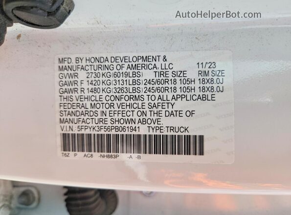 5FPYK3F56PB061941 2023 HONDA RIDGELINE White VIN sticker view