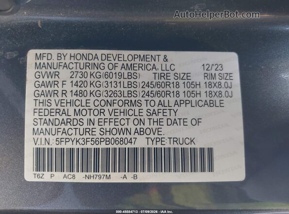 5FPYK3F56PB068047 2023 HONDA RIDGELINE Gray Շարժիչի բաժամունքի տեսք