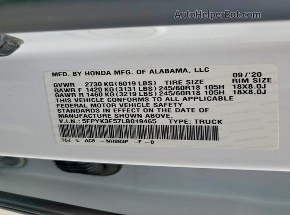5FPYK3F57LB019465 2020 HONDA RIDGELINE White Widok komory silnika