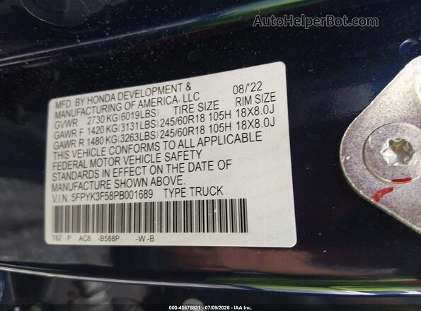 5FPYK3F58PB001689 2023 HONDA RIDGELINE Blue Engine compartment view