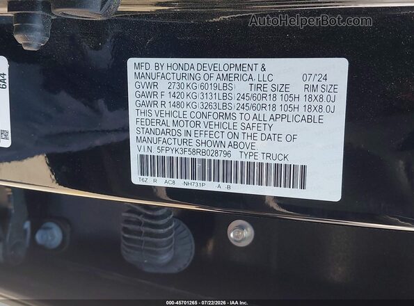 5FPYK3F58RB028796 2024 HONDA RIDGELINE Black Widok komory silnika