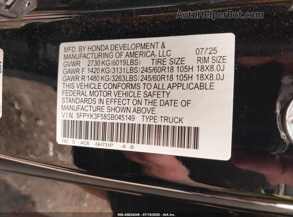 5FPYK3F58SB045149 2025 HONDA RIDGELINE Черный Вид подкапотного пространства