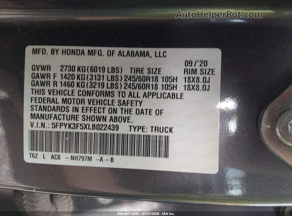 5FPYK3F5XLB022439 2020 HONDA RIDGELINE Gray Вид підкапотного простору